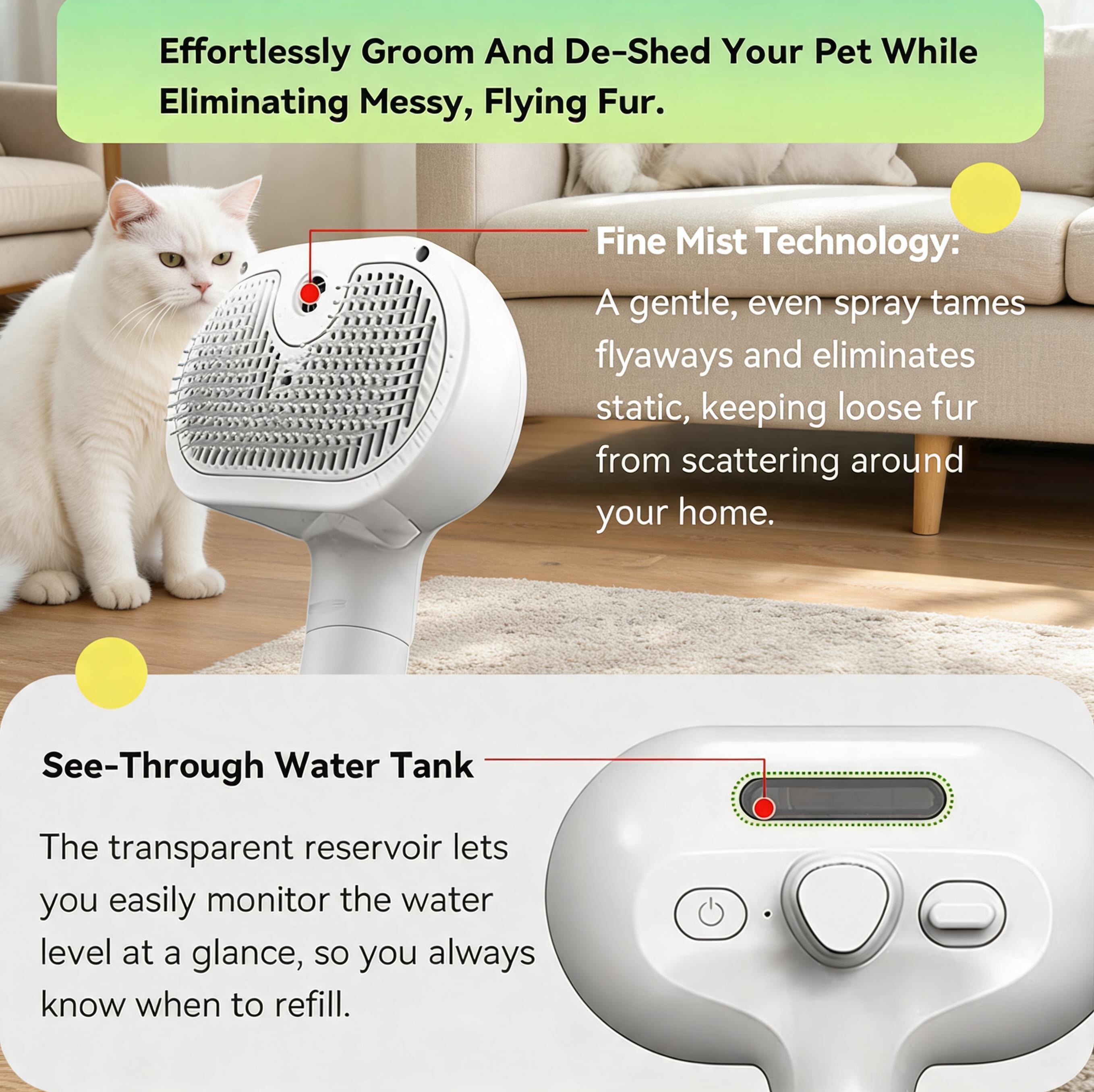 All-In-One Pet Hair Removal Brush Pet Steam Brush, 3-in-1 Spray Hair Removal Comb for Dog and Cat, Steam for Shedding and Grooming, Spritz Defur Comb, Water Brush for Long & Short Haired Pets