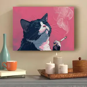 Funny Smoking Black Cat Canvas Wall Art, Framed/Unframed Pink Background Cat Print, Edgy Aesthetic Animal Poster for Living Room Bedroom