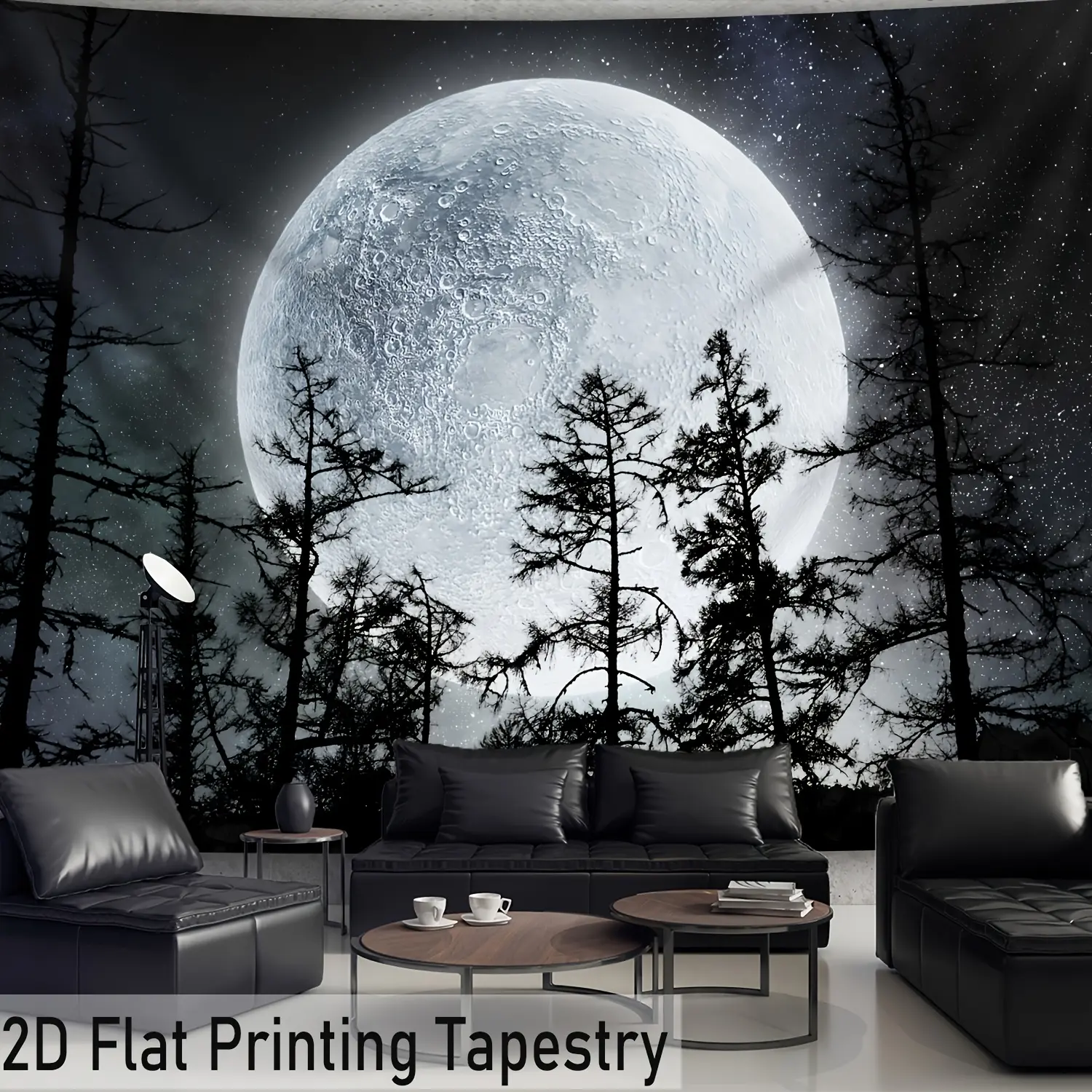 [ 2D Flat Printing] 1pc- Ultra large size- - Black and White Moon Forest Night Scene HD Digital Printing Huge Tapestry- Polyester- Home Decoration- with Free Hanging Clips