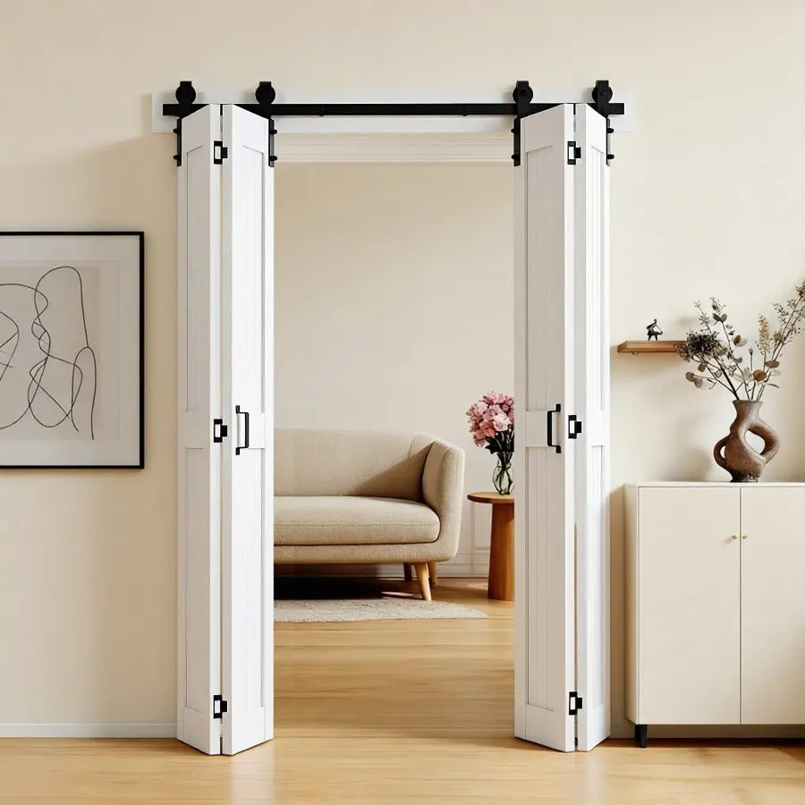 VEVOR 48x84 in MDF Bifold Barn Door, H-Frame Space-Saving Pre-Assembled MDF Panels, Included Hardware Kit, Sliding Closet Door for Bedroom, Wardrobe, Room Divider, White