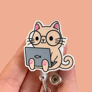 Glitter My Badge Funny cat badge reel for nurse, pharmacist, hospital workers. Retractable swivel clip with a 360 rotation. Great gift for coworkers.