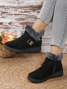 Suede Faux Fur Lined Fluffy Short Boots, Plush Trim + Side Zip Design, Thick Sole Comfort, Warm and Casual, Fall Winter Daily Wear, Footwear