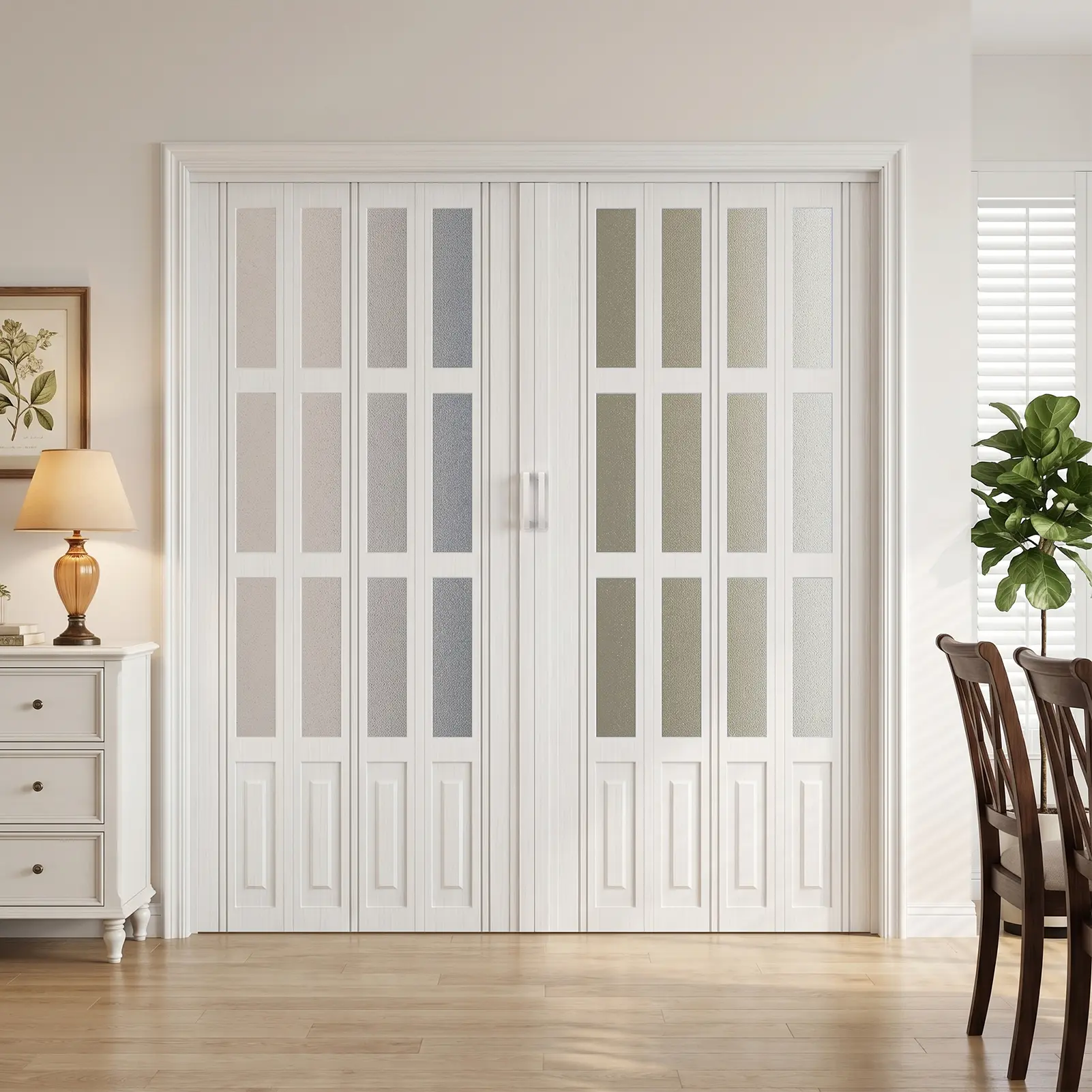 Accordion Doors Interior Folding Door, White 3 Frosted Acrylic Glass PVC Accordion Door with Upgraded Roller & Handle &Complete Hardware for Closet Bathroom Doorways