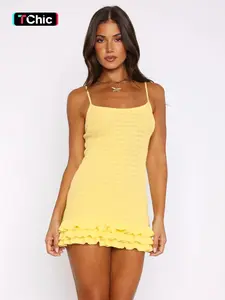 Textured Fabric Lightweight Vacation Ruffle Backless Dress, Sexy Fitted Plain Design, Perfect for Summer, Women's Fashion Apparel