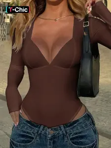 Y2K Sexy Tight-Fitting Deep V Long Sleeve Women's Jumpsuit Bodysuit, Aesthetic, Fashion, Stylish, Elegant and Comfortable, Perfect for Casual and Party Wear