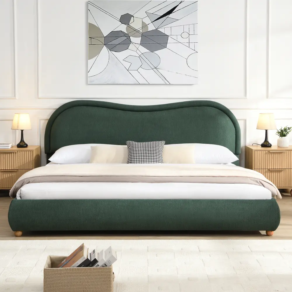 Olive Green+Chenille+Plywood+Solid Wood+King