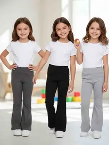 Girls' Solid Color Knit Long Pants 3-Pack, Soft Comfortable Fit, All-Season Versatile, Elastic Waistband Slim-Fitting, Casual Essential, Versatile Wear