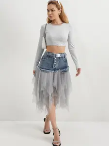 Women's Denim Patchwork Mesh Skirt, Personalized Raw Edge Hem, Fashionable and Versatile Skirt, Suitable for Spring, Summer and Autumn.