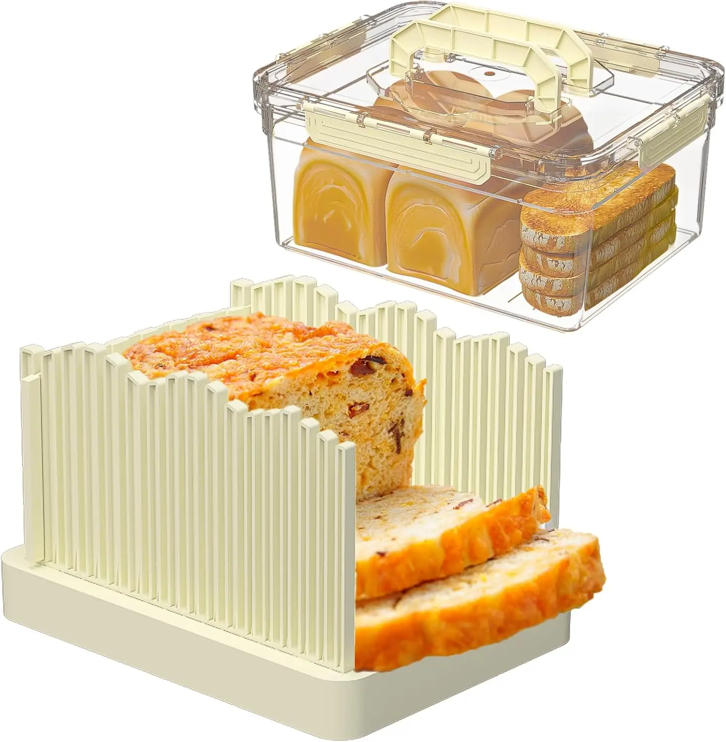 2-in-1 bread slicer and box with handle - bread boxes for fresh keeping with lids airtight for cake buns,Beige