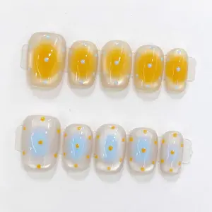 [Cheesalt] Short Square Handmade Press on Nails, Fake Nails with Nail tool kit with Jelly Stickers, Reusable, Durable