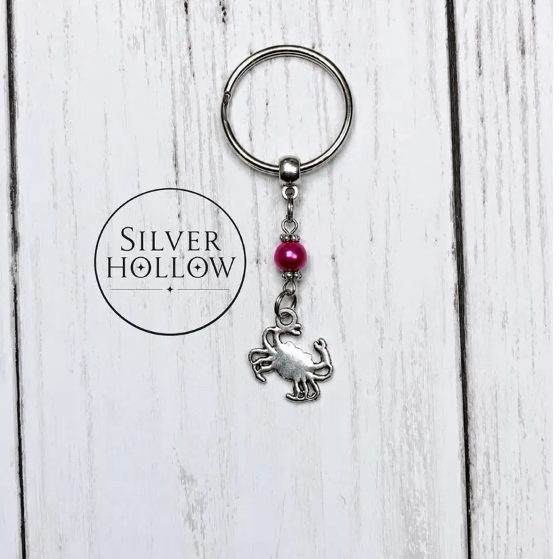 Crab Keychain - Stylish Unisex Accessory with Dark Pink Pearlized Bead, Split Ring