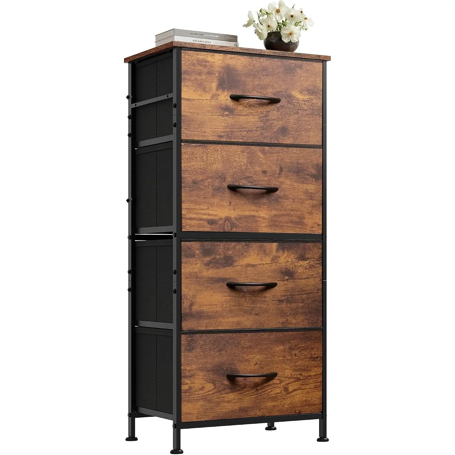 Dresser with 4 Drawers, Fabric Storage Tower, Organizer Unit for Bedroom, Hallway, Entryway, Closets, Sturdy Steel Frame, Wood Top, Easy Pull Handle, Rustic Brown Wood Grain Print