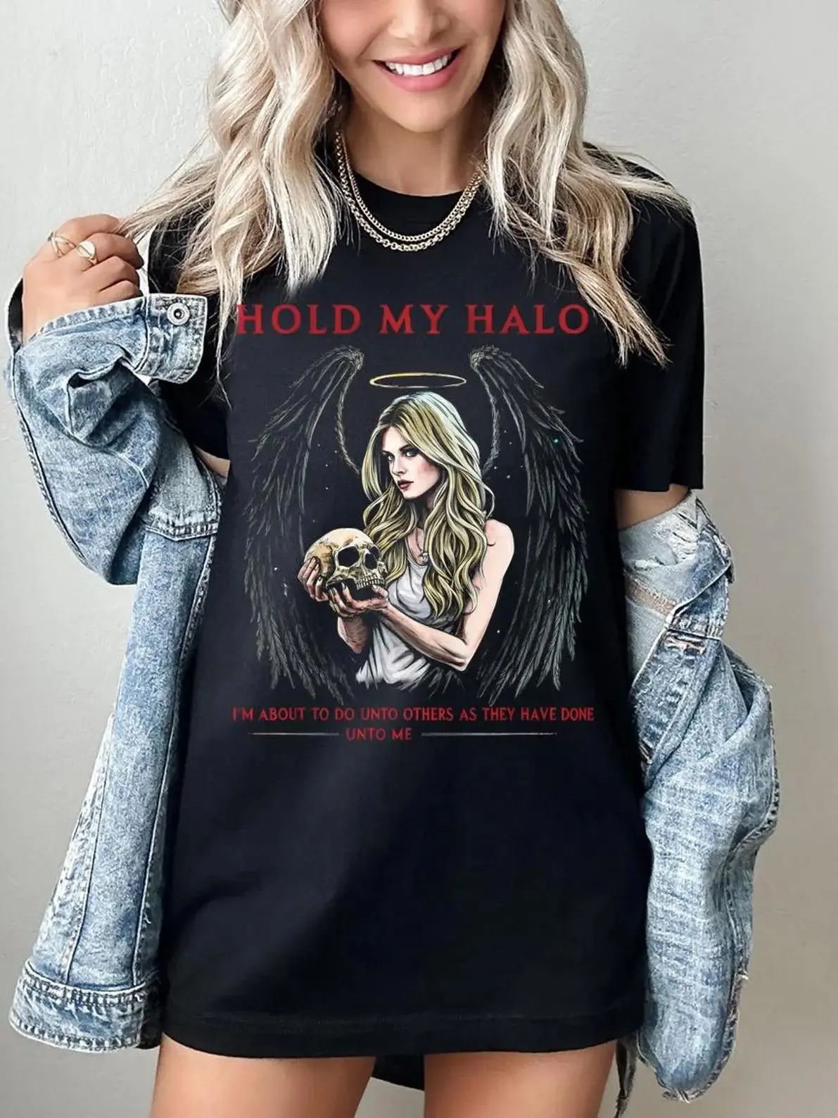 Women's Comfortable Gothic Angel Cotton T-Shirts - Halftone Dark Angel Graphic, Loose Quote-Infused, Skull-Accented Streetwear Top for Denim/Cargo Pants Pairing, Flattering Fit Casual Everyday Wear