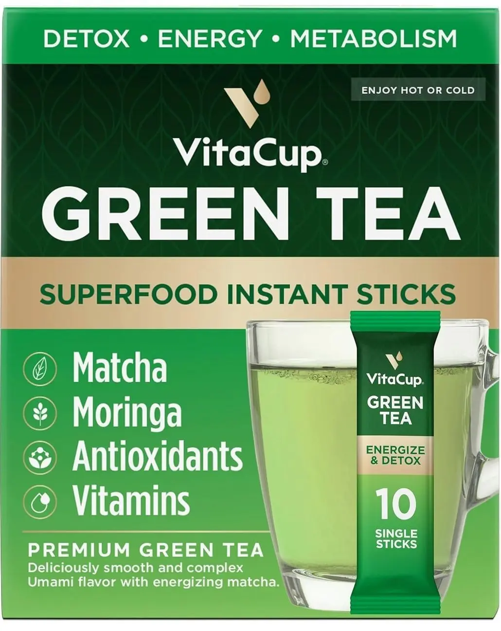 VitaCup Green Tea Instant Packets, Enhance Energy & Detox with Matcha, Moringa, B Vitamins, D3, Fiber, Keto, Paleo, Vegan in Tea Powder Single Serving Sticks, 10 Ct
