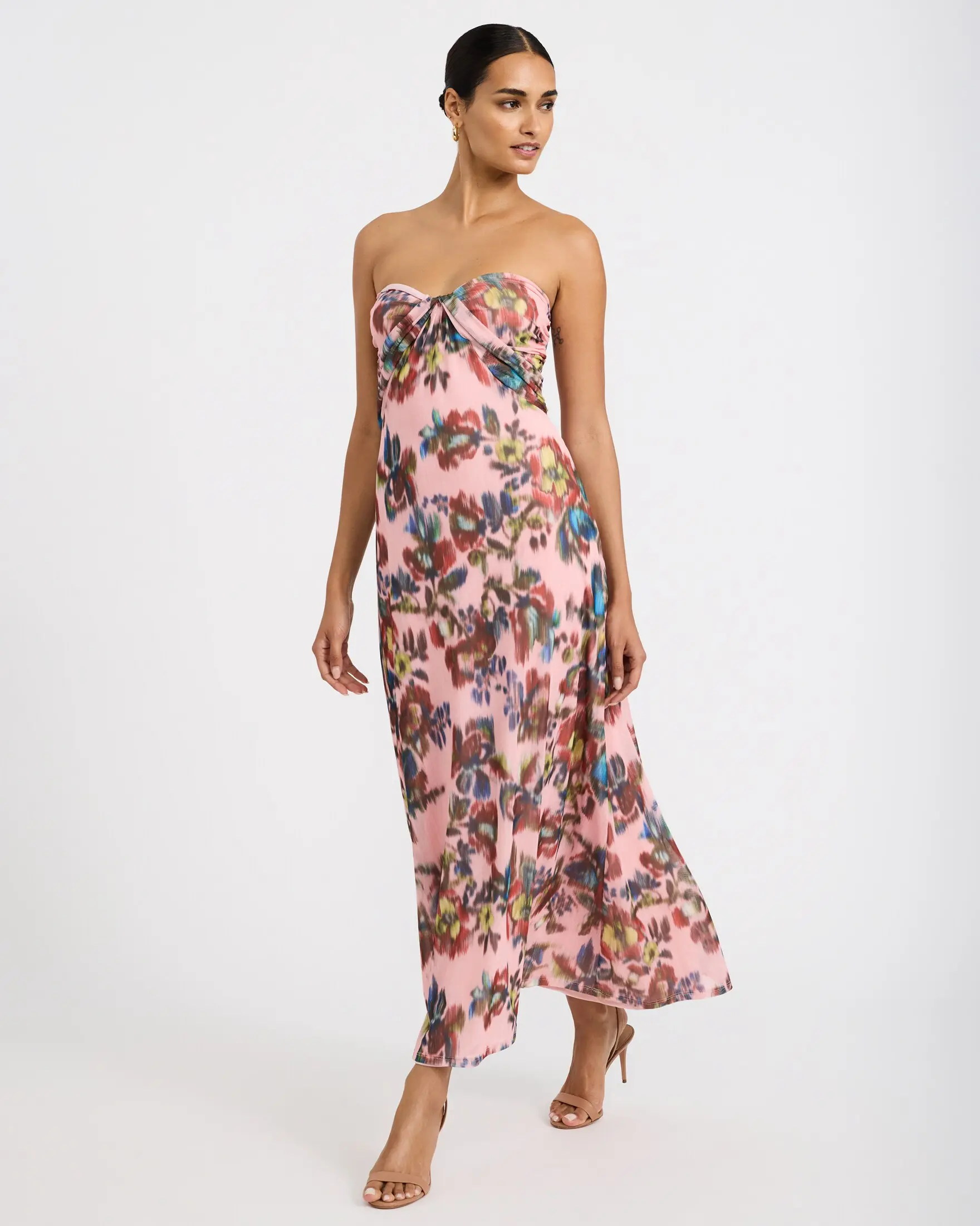 Express Floral Mesh Strapless Sweetheart Draped Maxi Dress