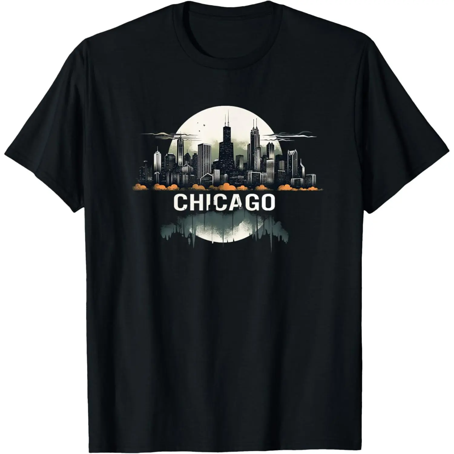 Men's Casual Natural Soft Cotton Menswear T-Shirt - Round Neck Short-Sleeve, Chicago City Downtown Skyline Graphic Fashion Top, Tshirt, Shortsleeve, Fabric