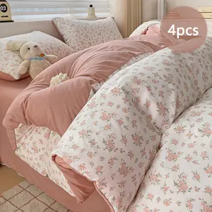 4-Piece Duvet Cover Set (Duvet Cover*1 + Flat Sheet*1 + Pillowcases*2) Light pink floral print duvet cover with zipper closure Solid-color flat sheet Green leaf-patterned duvet cover set Breathable Duvet Set Suitable for all seasons