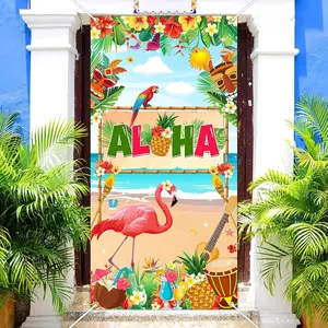 Aloha Door Banner for Hawaiian Luau Party, Tropical Flamingo Photo Props, Outdoor Party Supplies, Summer Beach Decorations