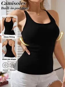 Women's Y-Back Camisole Tank Top With Padded Cups, High Elastic Seamless Slim Shaping Stay In Place Top, Breathable Skin Friendly Comfort Vest For Inner & Outer All Occasions Wear