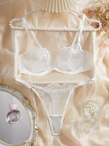 Women's Elegant and Sweet White Mesh Floral Embroidered Lingerie Set - Perfect Gift for Valentine's Day