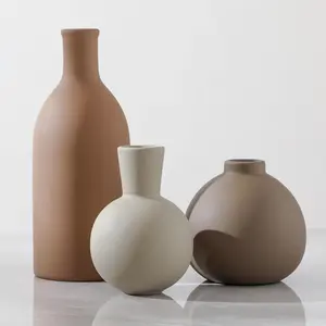 Ceramic Vase Set of 3, Vases  Decor Rustic Farmhouse Decorative Vase Pottery Vases for Bouquet Pampas Grass Dried Fresh , Table Living Room Kitchen Bedroom Bathroom - Brown