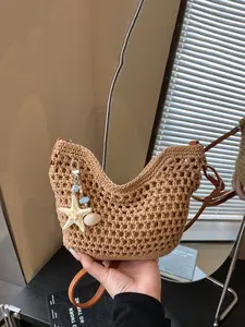 1pc Ladies' hollowed out crochet crossbody bag, starfish shell pendant casual shoulder bag, adjustable PU wide shoulder strap, summer beach vacation style daily storage bag