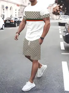 Luxury Colorblock Plaid Set, Trendy Men Streetwear, Round Neck Short Sleeve T-Shirt + Drawstring Waist Shorts, Casual Summer