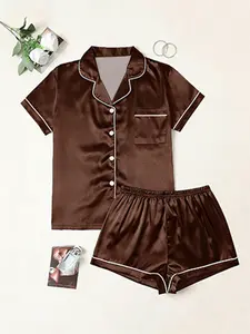 Unique women's satin pajama set, leopard print & chino plain color, button-up top, elastic-waist long pants, perfect pajamas for spring, summer and autumn & matching set