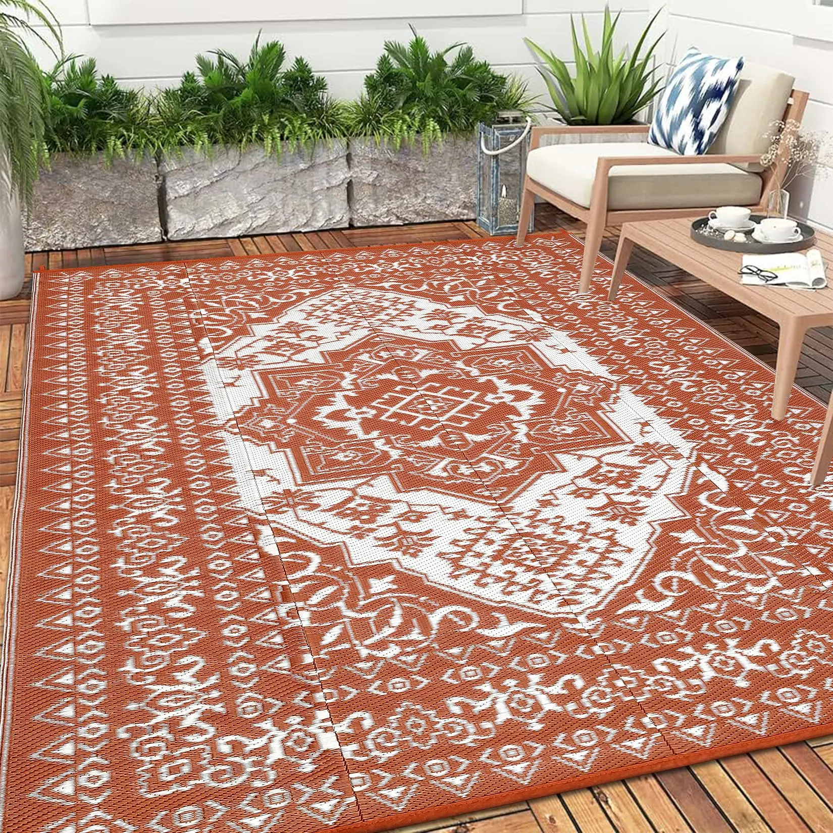 GARVEE Outdoor Rug Waterproof 10x20 Reversible Patio Rug, Extra Large Vintage Medallion RV Camping Carpet, Indoor Outdoor Plastic Straw Mat for Deck Picnic Beach Garden, Brick Red/White