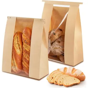 Large Paper Bread Bags, 13.7 x 8.2 x 3.5 Inches Bakery Bags with Window, Homemade Bread Loaf Bags with Tin Tie Tab Lock and Seal Stickers