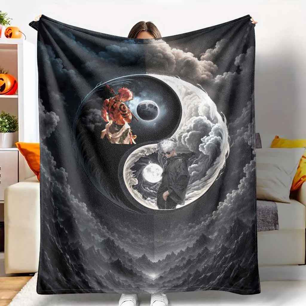 Flannel Fabric Yin Yang Dark Fantasy Throw Blanket, Anime Warrior & Moon Clouds Print, All Seasons Soft Warm Lightweight Cozy, Multi-Size Fading Resistance Decor for Sofa Bed Meditation Gift