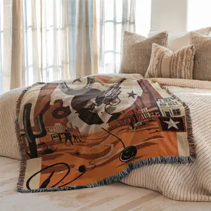 Multi-Function Tassel Woven Blanket Town Cowboy Pattern Bed Blanket, Also for Sofa Cover Couch Throw Blanket Armchair Home Decor Room Wall Art Tapestry Furniture Slipcover Tablecloth Shawl Outdoor Picnic Camping Beach Towel Office Nap Hippie