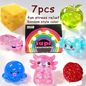 7pcs Aurora Glitter Cute Expression Axolotl Sensory Toy Set, Marshmallow Stress Relief Fidget Toys, Party Gift for Kids