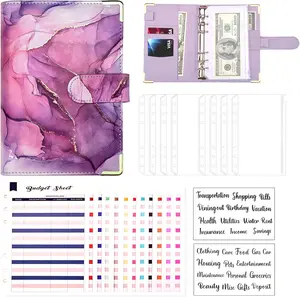 Budget Binder, A6 Marble PU Leather Binder, 6 Ring Budget Planner Organizer with 8 Zipper Cash Envelopes, 12 Expense Budget Sheets, 2 Letter Label Sticker for Budgeting, Saving Money (Purple)