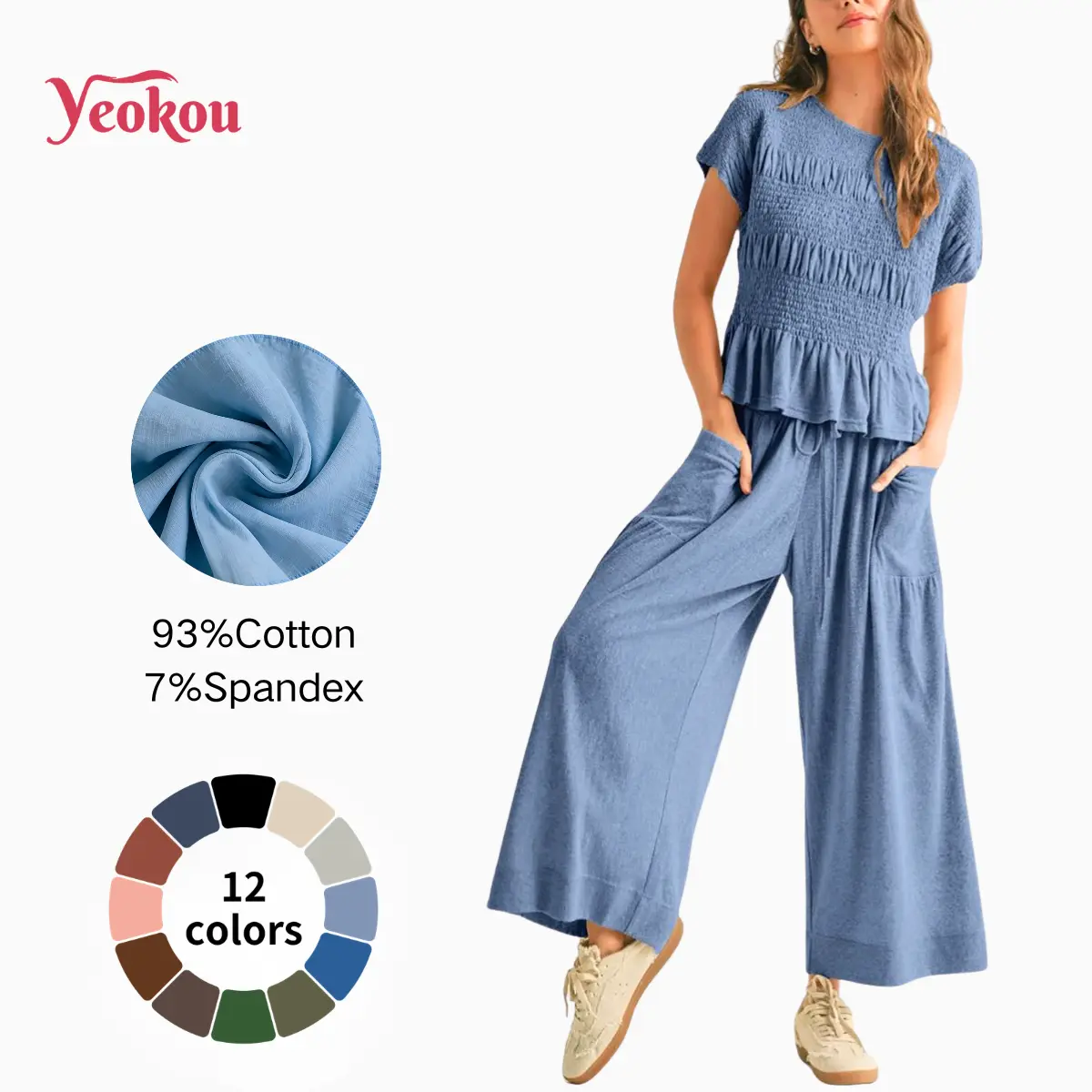 Yeokou Women's Matching Sets, Boho Cotton 2 Piece Lounge Outfit with Shortsleeve Smocked Top and High-Waisted Wide-Leg Pants with Pockets, Matching Sets For Women, 2 Piece Sets