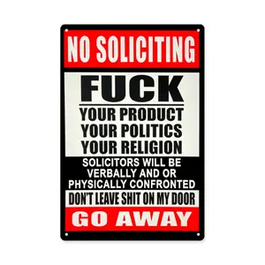 Humorous Funny Aluminium Tin Sign, No Soliciting Go Away Own Risk Design, Decorative Gift for Cabin Garage Courtyard Outdoor, Easy Hanging, 8"X12"
