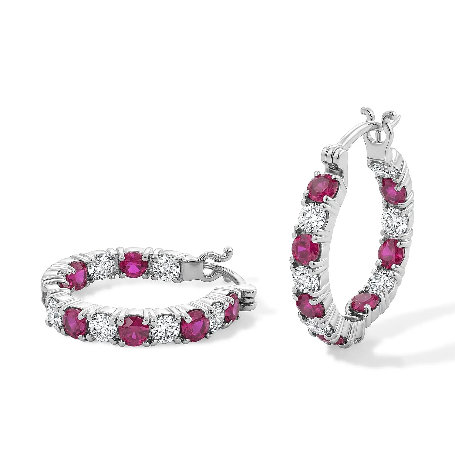 EverTrue Lab Grown Ruby and Moissanite 3.80 ctw Hoop Earrings in Platinum Bond