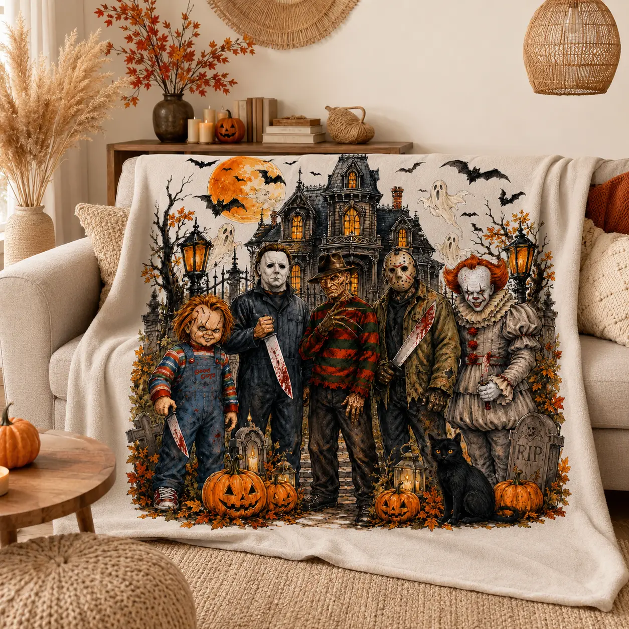 Horror Movie Night Throw Blanket, Halloween Haunted House Fleece Blanket, Cozy Gift for Spooky Fans