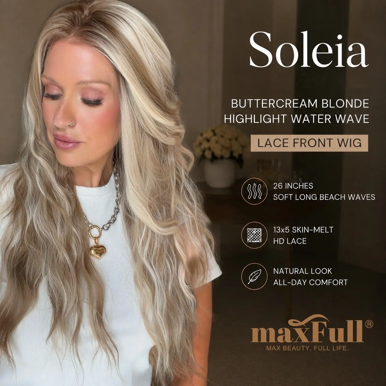 Soleia - MaxFull Buttercream Blonde Highlight Water Wave Lace Front Wigs with Scandinavian Hairline | 26 Inches Soft Long Beach Waves, Realistic 13x5 Skin-Melt HD Lace, Beginner-Friendly All-Day Comfort HD Synthetic Lace Front for Women