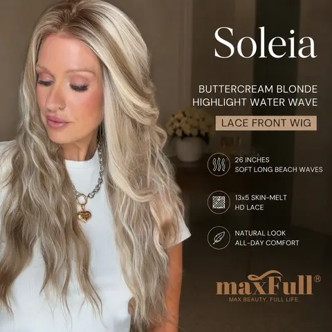 MaxFull Soleia - Buttercream Blonde Highlight Water Wave Lace Front Wig - 26in Soft Long Beach Waves, 13x5 Free Part Pre-Cut HD Lace, Scandinavian Hairline, Medium Cap with Adjustable Straps, Beginner-Friendly, for Adult Females, Adults, for Women