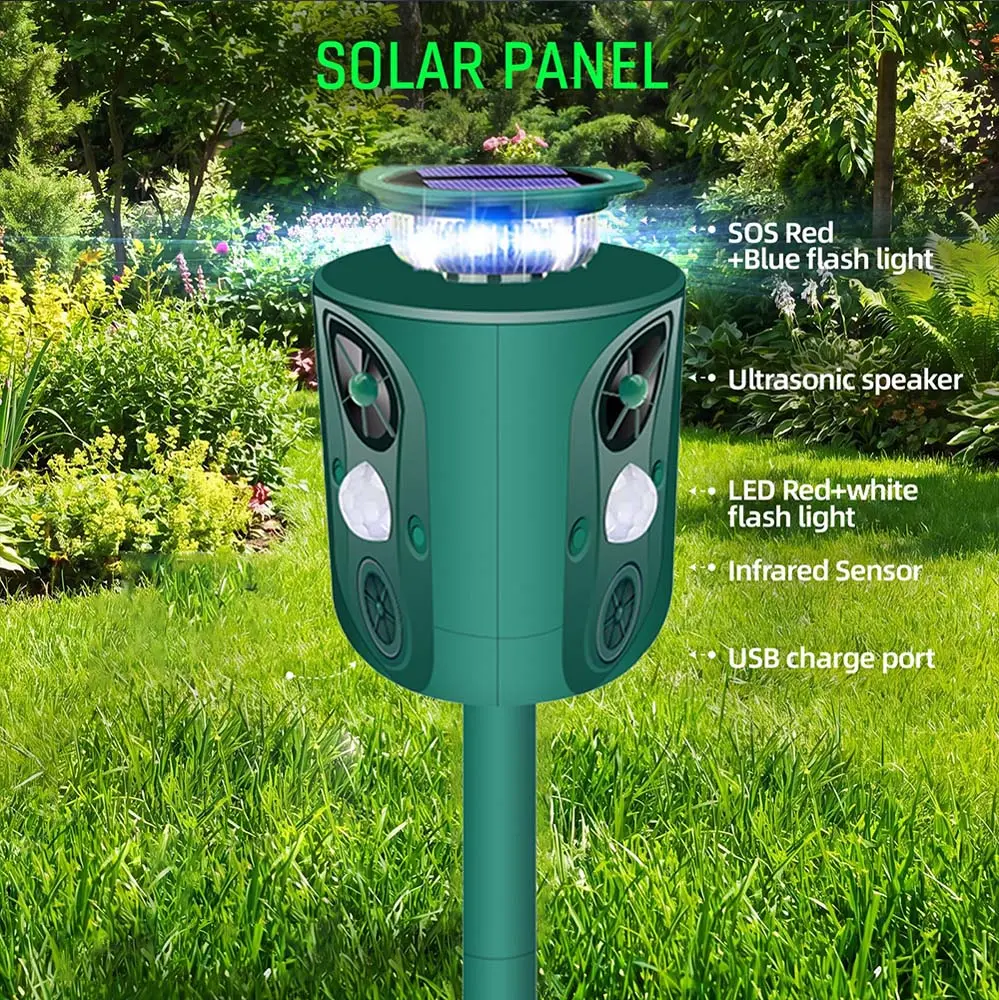 360 Degree Solar Ultrasonic Animal Repellent, Waterproof Outdoor Deterrent for Garden Yard Farm, Repels Cat Dog Squirrel Raccoon Deer