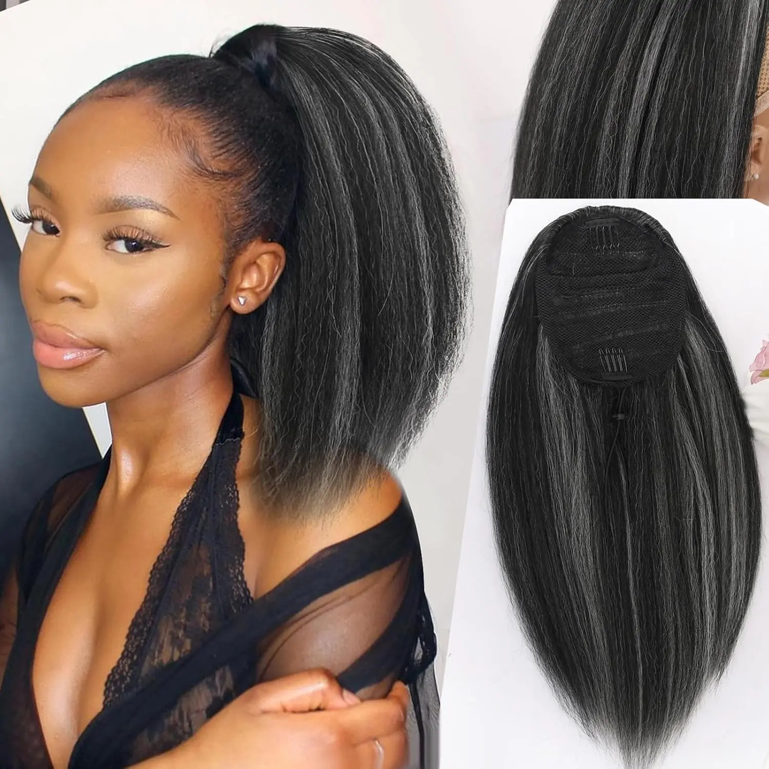 Highlighted Ponytail Extension Yaki Drawstring Ponytails for Black Women Short Kinky Straight Ponytail Black Mixed Gray Hair Pieces Natural 4c Clip on Pony tails Hair Extensions