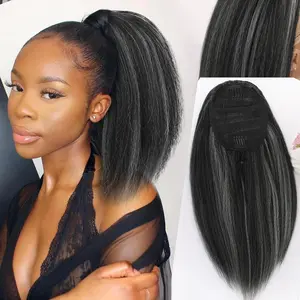 Highlighted Ponytail Extension Yaki Drawstring Ponytails for Black Women Short Kinky Straight Ponytail Black Mixed Gray Hair Pieces Natural 4c Clip on Pony tails Hair Extensions