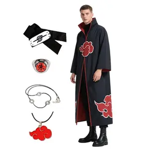 Anime Akatsuki Cosplay Costume Red Cloud Robe with Necklace Headband Ring Set for Role Play Child and Adult Game Costume