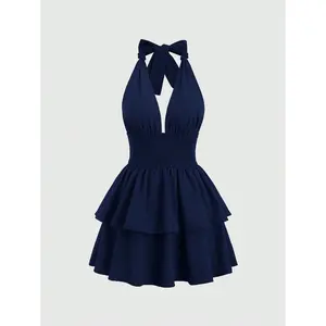 Sweetra 1pc Elegant Solid Color Cinched Waist Open Back Sling Midi Dress Y2K Outfit Christmas Holiday Party Dress