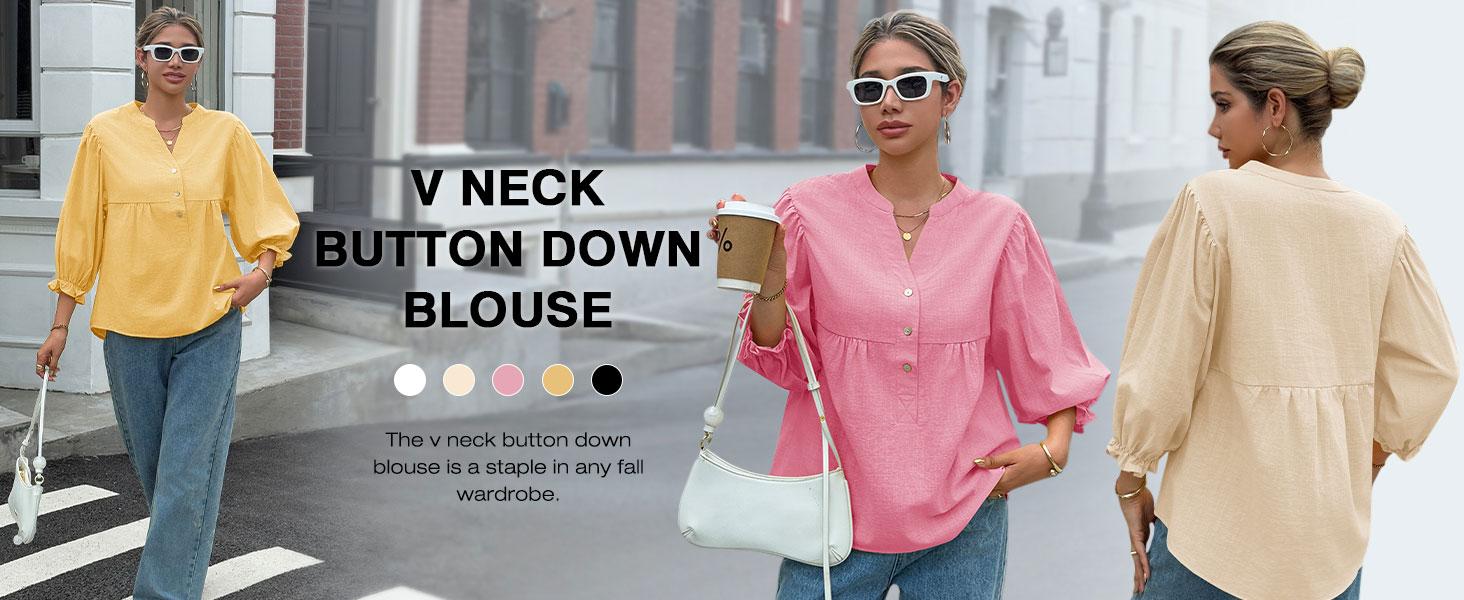 Tankaneo Womens Puff Sleeve Babydoll Tops V Neck Button Down Blouse Cute Casual Loose Fit Flowy Shirts