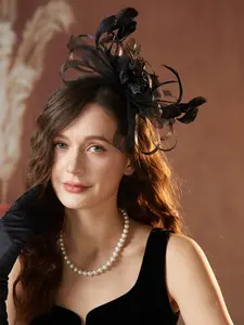 Elegant Round Hat Wide Brim Tea Party Valentine's Day Hat with Feather Decoration, Decorative Headpiece, Multiple Colors Available, Accessories