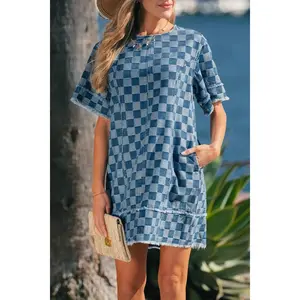 Frayed Hem Checkered Denim Mini Dress