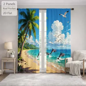 2Pcs Coastal Style Beach Scene Dolphin Seagull Palm Tree Sun Blocking Curtains Digital Printed Rod Pocket, Window Treatment For Bedroom Office Kitchen Living Room Study Home Decor