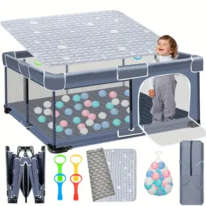 Foldable Baby Playpen, 59IN×71IN Collapsible Indoor-Outdoor Play Pen with Mat, Breathable Mesh, Portable Travel Design, Includes Storage Bag (for Babies & Toddlers)